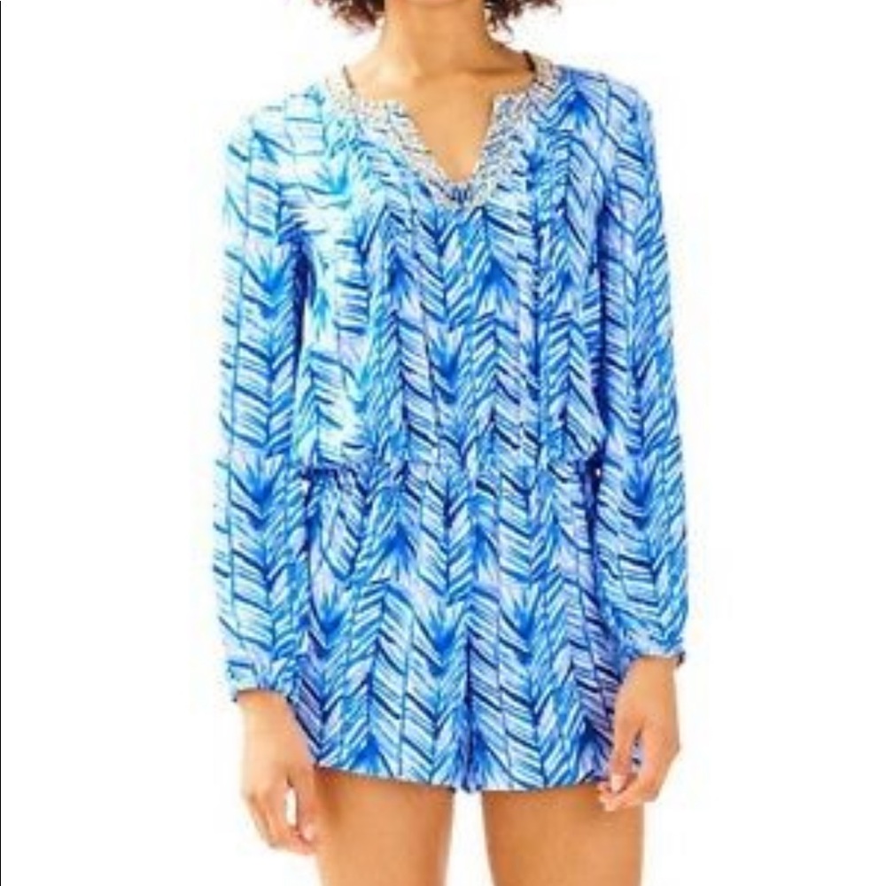 Lilly Pulitzer Colby Romper Lapis Blue Costa Verde Long Sleeve Size XS
